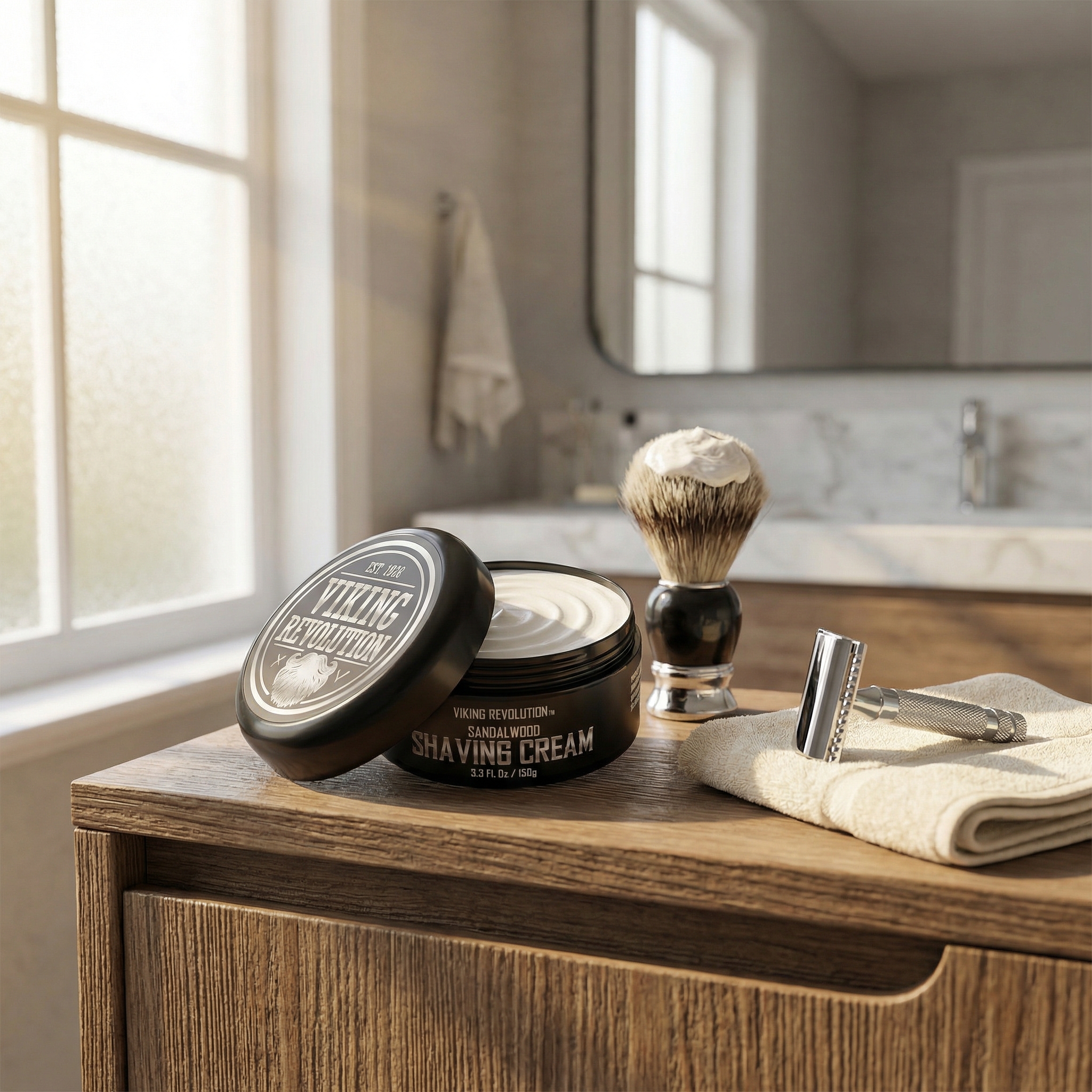 Product photo used to generate the Viking Revolution Sandalwood Shaving Cream ad